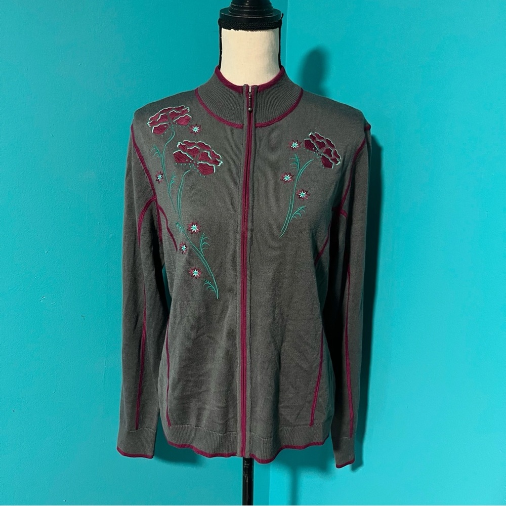 NWT Cabela’s L Gray Purple Turquoise Floral Zip Long Sleeve Cardigan Jacket